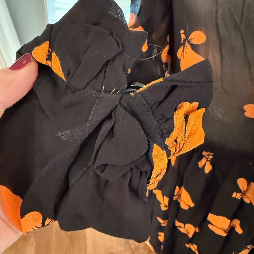 Ganni Black Sheer Dress with Orange Floral Design Lined on Bottom - Picture 10 of 15